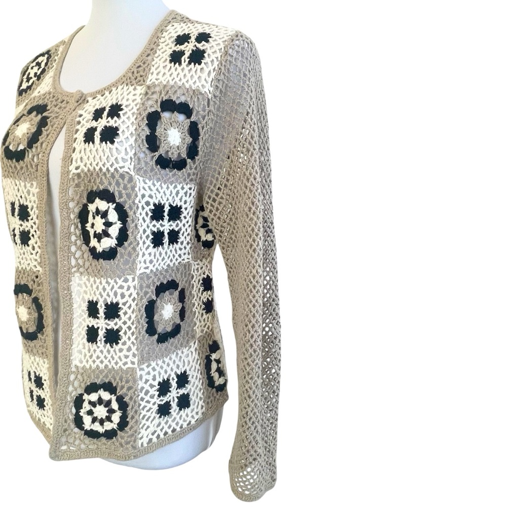 Crochet Granny Square Cardigan Neutral Patchwork Boho Knit Sweater Size S/M